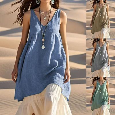 Dames Zomer Boho Nep Tweedelig Maxi Jurken Casual Los V-hals Mouwloos Strand Lange Jurk Patchwork Vintage Vrouwelijke Vestidos