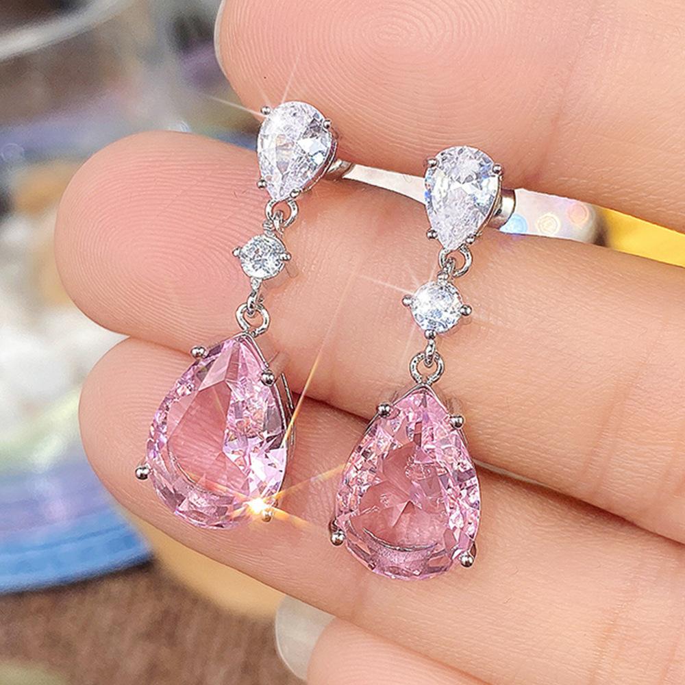 Sweet pink colored treasure zircon stud earrings, summer new pear-shaped water drop earrings, light luxury and elegant earrings for women