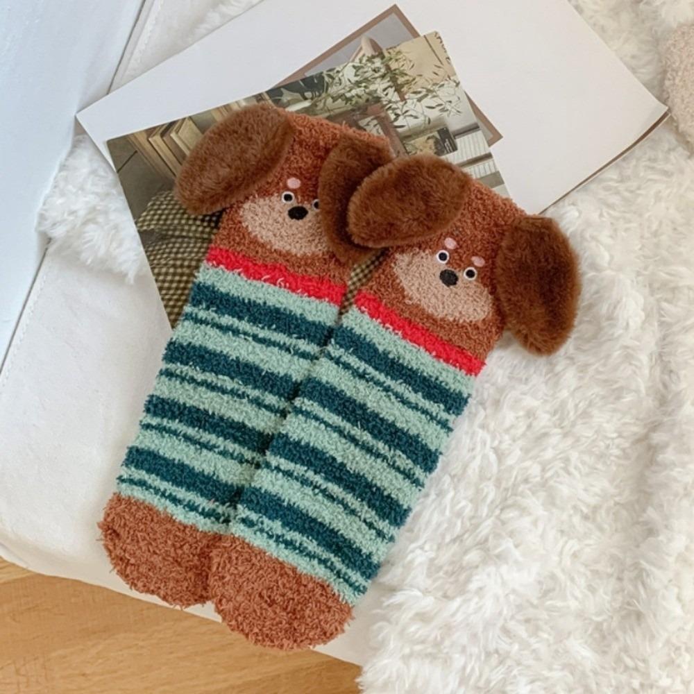 Plush Puppy Ears Coral Fleece Socks Stripe Sleeping Socks Sweet Floor Socks  Girls