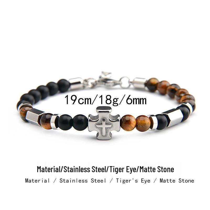 Stainless Steel Double-Sided Cross & Tiger Eye Beaded Bracelet for Men, Adjustable European & American Style