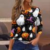 Women’s Three Quarter Sleeve Round Neck Loose Fit Casual Shirt with Halloween Themed Print Pullover Top for Daily Wear
