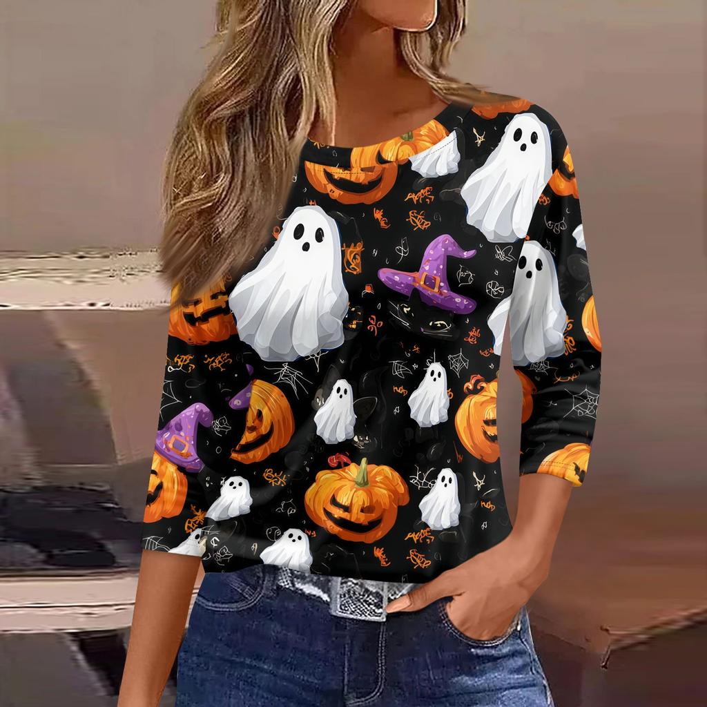 Women’s Three Quarter Sleeve Round Neck Loose Fit Casual Shirt with Halloween Themed Print Pullover Top for Daily Wear