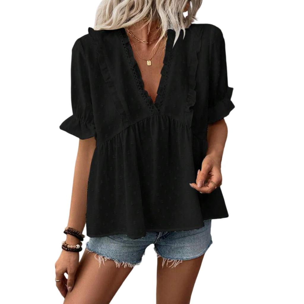 Womens Summer Casual Loose Blouses V-Neck Puff Sleeve Shirt