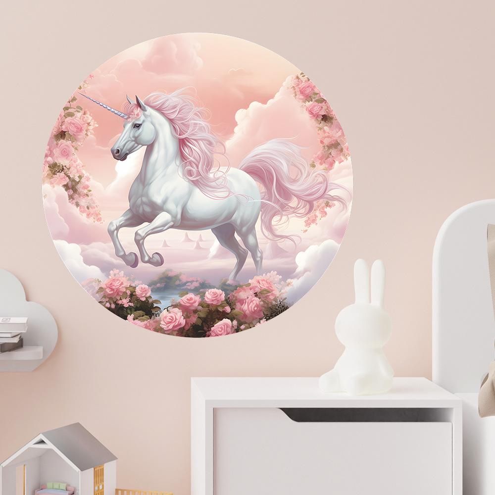 Watercolor Cartoon White Horse Flower Leaf Wall Sticker for Bedroom Living Room Entrance Background Decoration Self-Adhesive