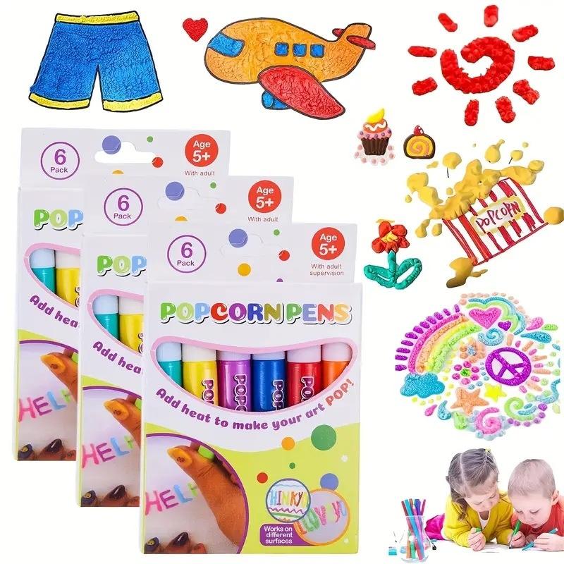 6Pcs Popcorn Bubble Pen 3D Puffy Effect Painting Marker Non-Toxic for Preschool Kids Early Education Drawing Activity