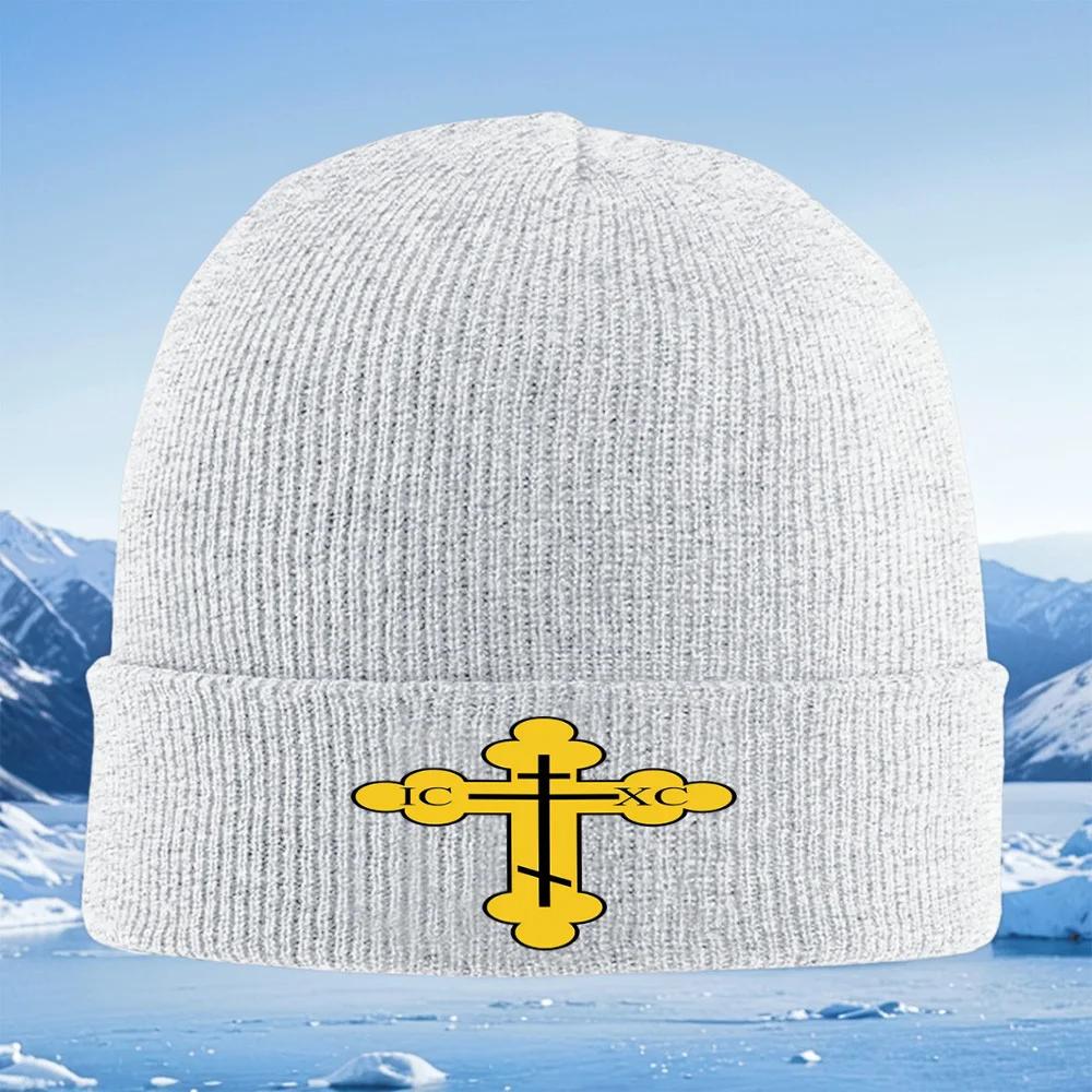 Golden Cross Black Background Letters Unisex Women Unisex Knitted Hat Beanie Pullover Cap Winter Thermal Warm Christmas Outdoor Cyc