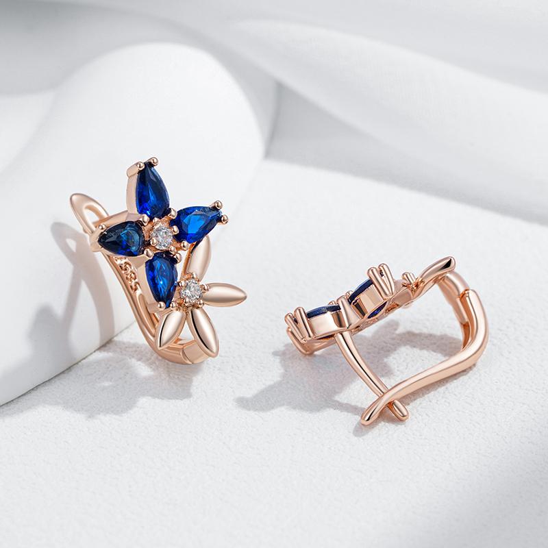 Roségoldfarbene Kristall-Blumen-Hängeohrringe für Damen, blaues Naturzirkon-Zubehör, täglicher feiner Vintage-Schmuck