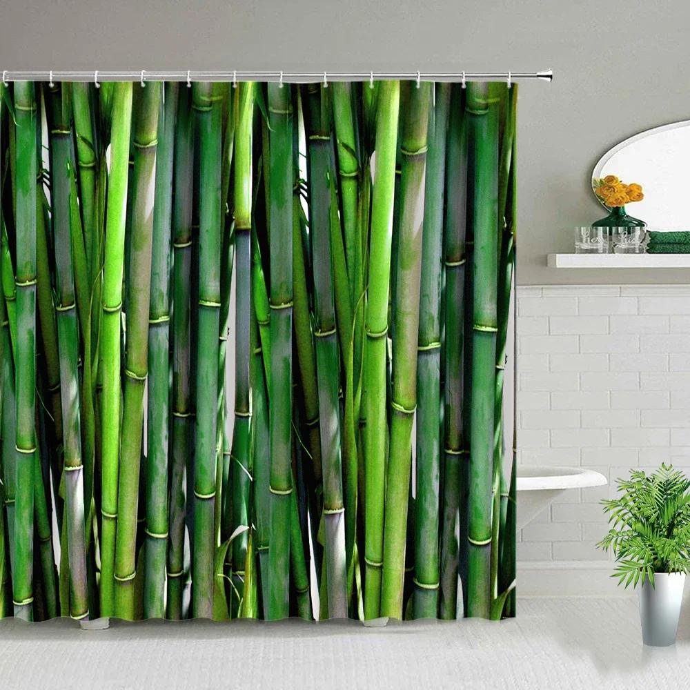 Chinese Style Green Bamboo Series Shower Curtain Set Waterproof Home Bathroom Decor Curtains With Hook Popular Bath Accessories