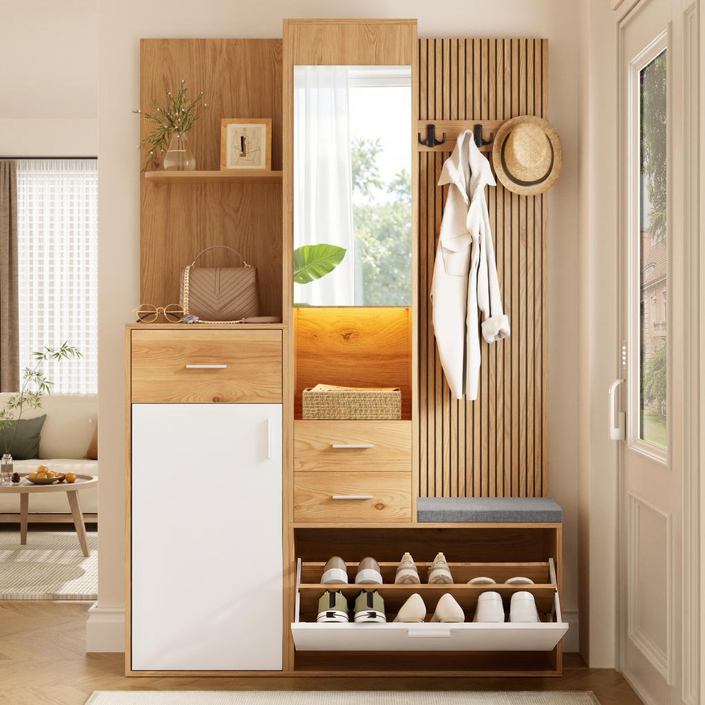 Compact Shoe Cabinet with Wardrobe, Mirror and Bench, LED Lighting with App Control, Hallway Wardrobe with Drawers and Flip-Down Shoe Compartment