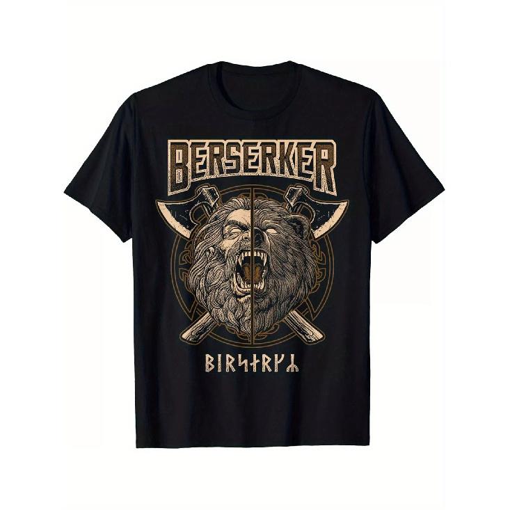 Limited Edition 180GSM Heavyweight Men'S T-Shirt | Nordic Viking Pagan Bear Warrior Graphic with Berserker Battle Design, Slim Fit Round Neck, Casual