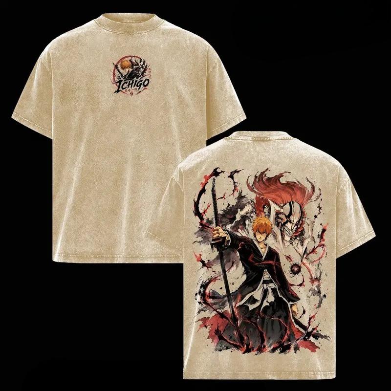 Manga BLEACH Kurosaki Ichigo T-shirt Men Unisex Short Sleeve Clothing Vintage Washed Cotton T Shirt Harajuku Loose Tshirt Clothe