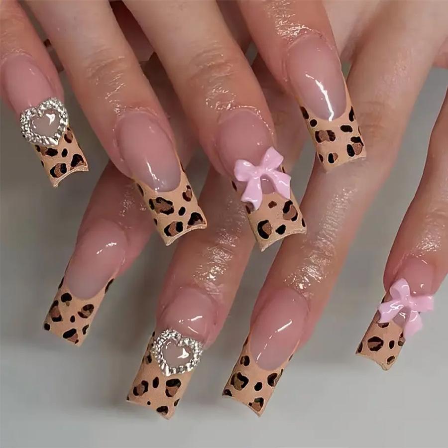 24Pcs Long Square Press On Nails Leopard Print French 3D Cherry Design False Nail Rhinestone Wearable Full Cover Fake Nails Tips