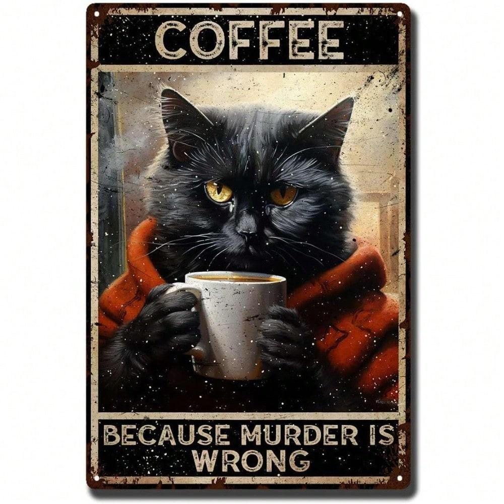 

Tin Metal Sign Coffee Decor 8x12 inch Black Cat Painting Wall Art Home Bar 20x30cm