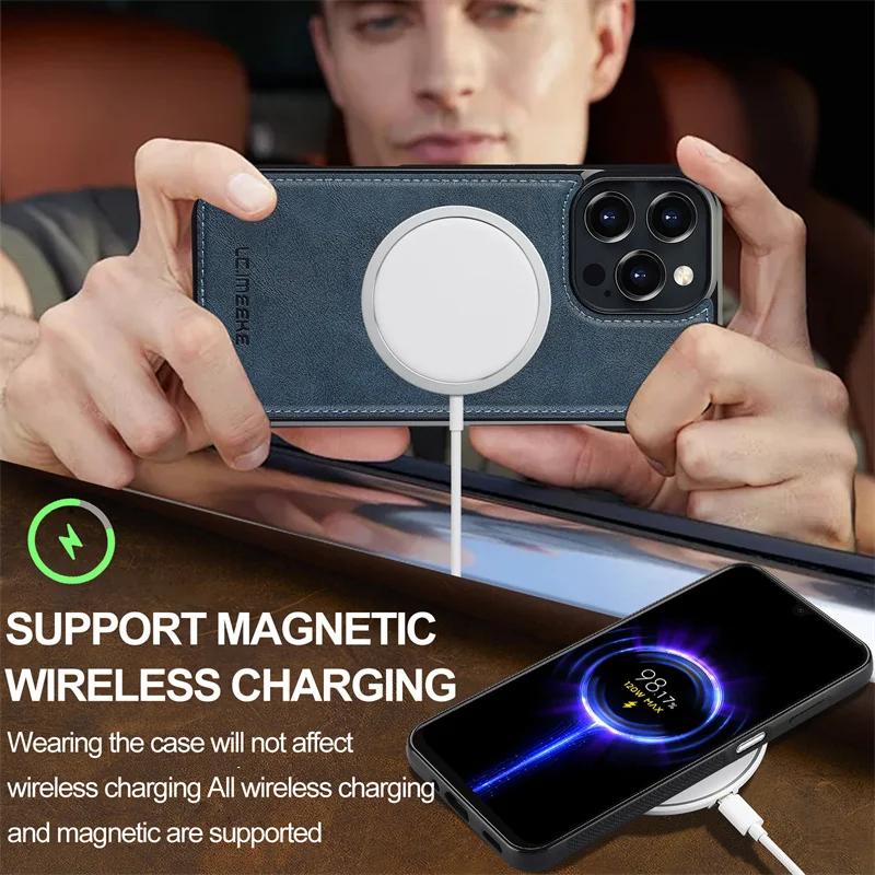 Leather Magnetic Phone Case for iPhone 17 Air 16 15 14 13 12 Pro 11 XS Max XR 8 7 Plus SE 17E 16E Wireless Charging Cover Etui