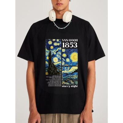 T-shirt Nera Abbinata per Lui e per Lei Van Gogh 1853 Notte Stellata Stampa Artistica Streetwear Casuale Moda Uomo Top