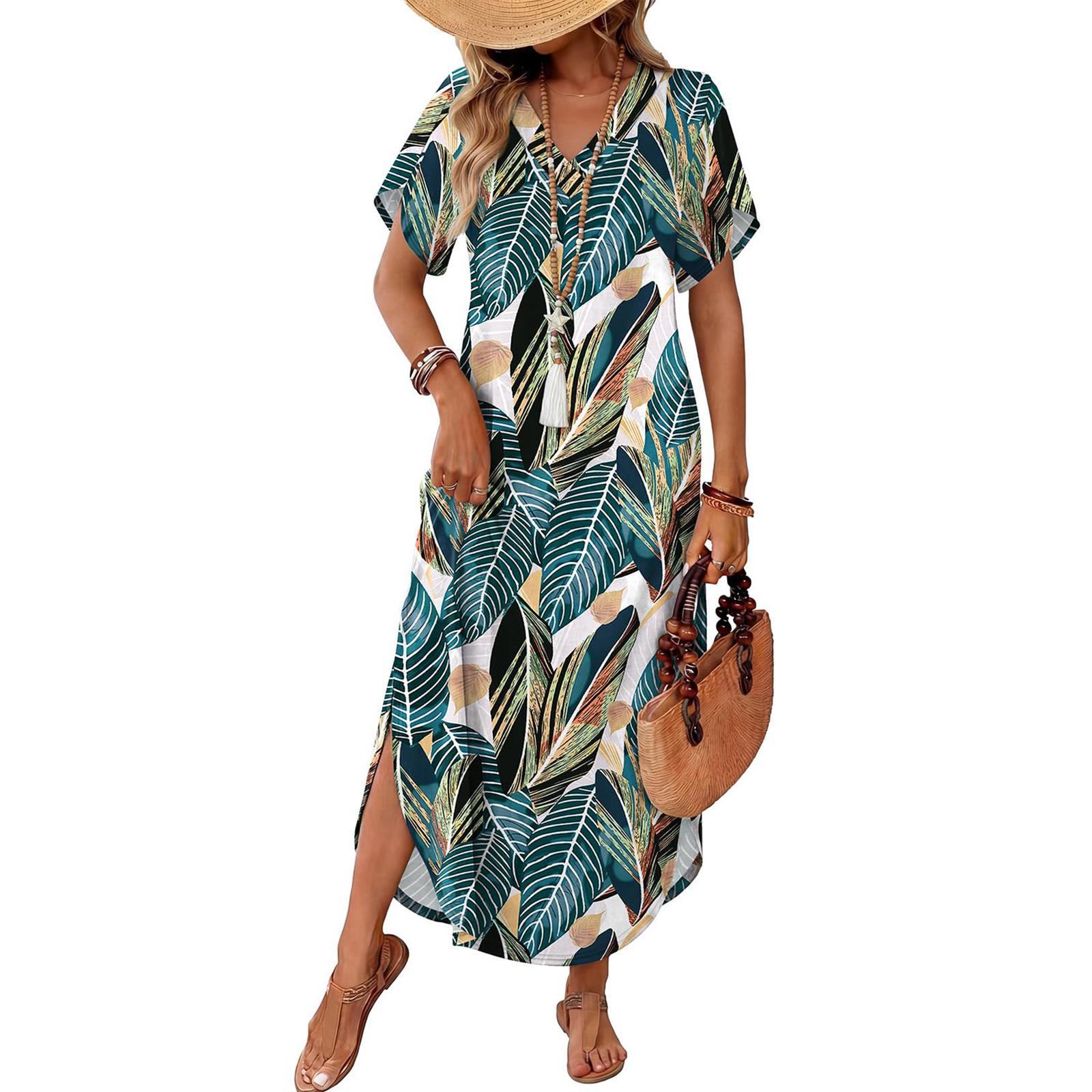 Women V Neck Short Sleeve Casual Loose Fit Side Split Beach Dress Lightweight Summer Midi Dress S
