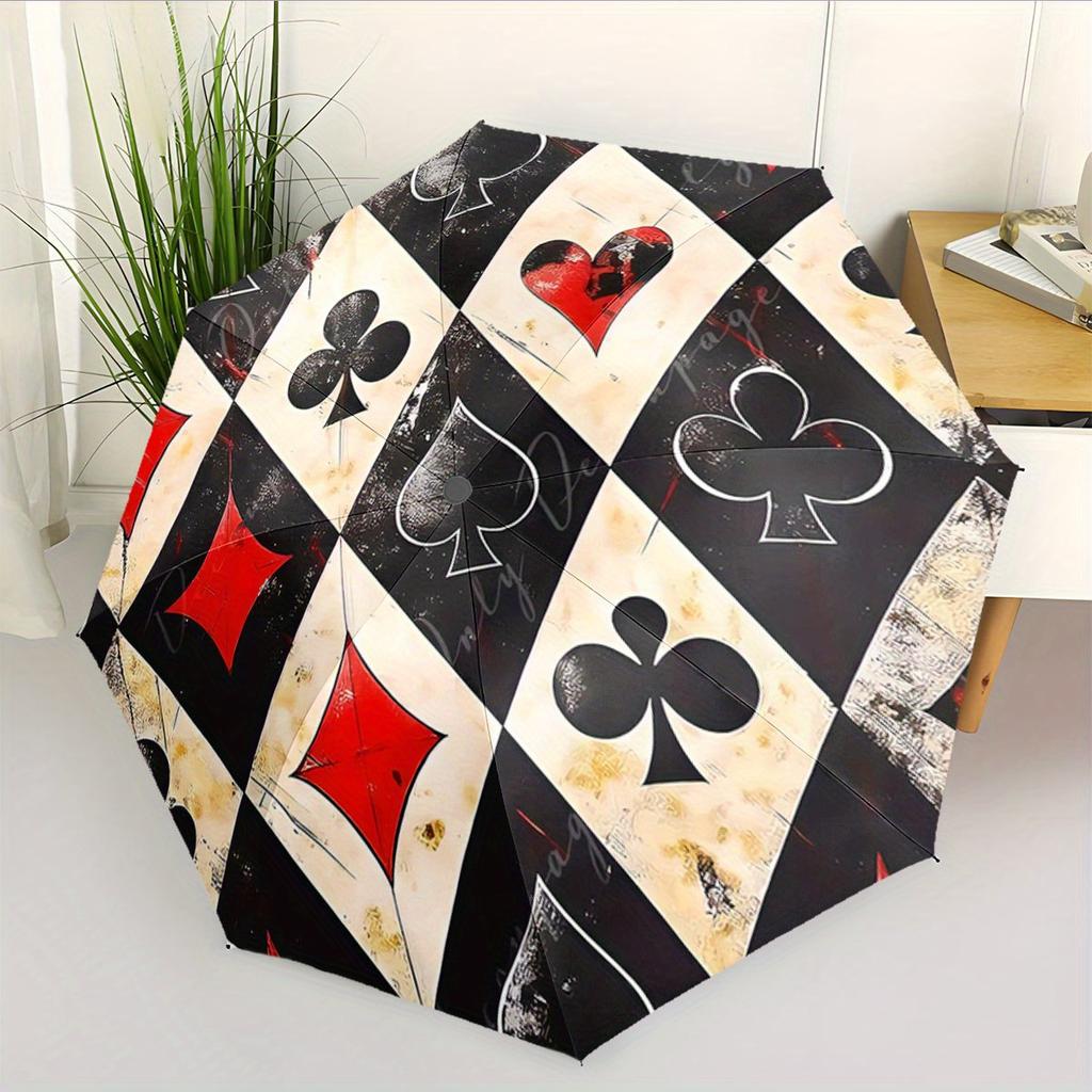 Automatic Folding Umbrella Playing Card Suits with a Diamond Grid Design. Portable Collapsible Design, Casual Outdoor Accessor