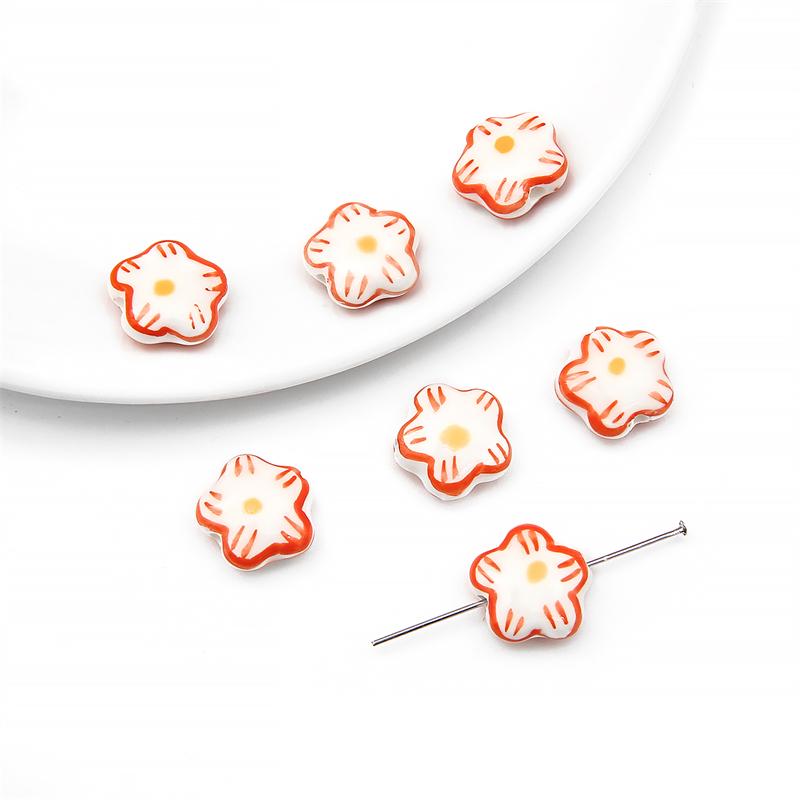 2 Stück/Beutel, handbemalt, 15 mm, Keramik-Porzellan-Blumenperlen, Charm, lose Distanzperlen für Halskette, Ohrringe, DIY-Schmuck, Basteln
