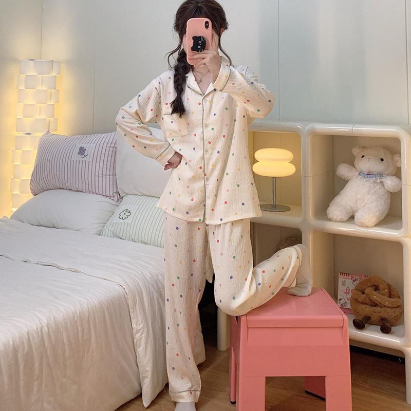 Autumn Simple Style Colored Small Polka Dot Loungewear Cloud Cotton Pajamas Women'S Long-Sleeved Suit Can Be Worn Outside