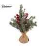 Seasonal Home Decoration Desktop Miniature Christmas Tree with Red Berries, Artificial Mini Pine Burlap Plant for Base, Tabletop Faux Small