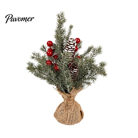 Seasonal Home Decoration Desktop Miniature Christmas Tree with Red Berries, Artificial Mini Pine Burlap Plant for Base, Tabletop Faux Small