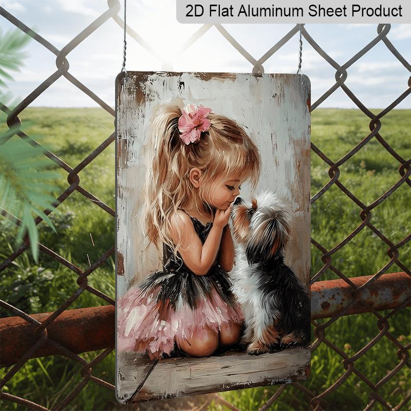2D Flat, 1pc Vintage "Girl & Yorkshire Terrier" Aluminium Sign - 8"x12" Rustic Pet & Family Decor, Heartwarming Dog Lover Wall Art, Perfect Gift for