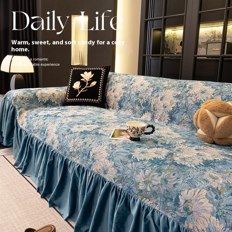 Sofa Cover Ruffle Blue Reversible Thick 2/3/4 Seater Couch All Season Stretchable Slipcover Protector Living Room Couch Blanket