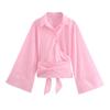 Women's Fashion Casual Polo Neck Bow Tie Up Short Edition Double Breasted Poplin Shirt