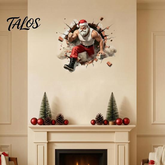 Festive Home Decorations Muscle Santa Claus Break Through Wall Christmas Decal, 3D Cracked Brick Creative Ornaments Self‑Adhesive Sticker,