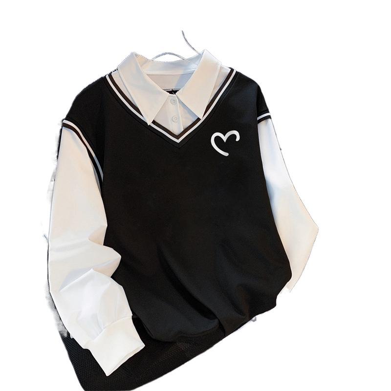 2024 Autumn Women's High-End Spliced Polo Sweatshirt - Long Sleeve, Loose, Slimming, Versatile Design