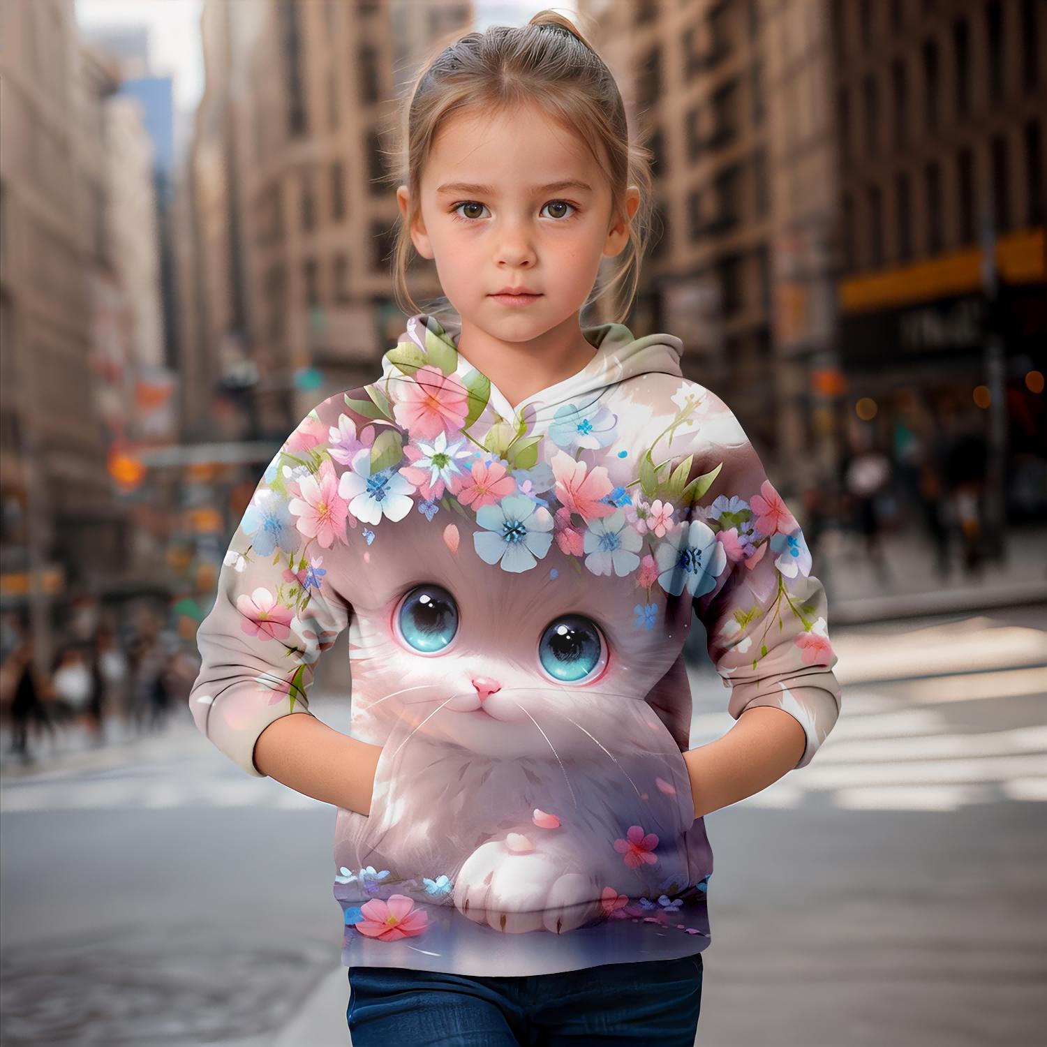 

Одежда для девочек Толстовки с длинным рукавом с рисунком 3D-котов Милая толстовка для девочек Топы Повседневный свитер Весна Осень Детская одежда 160