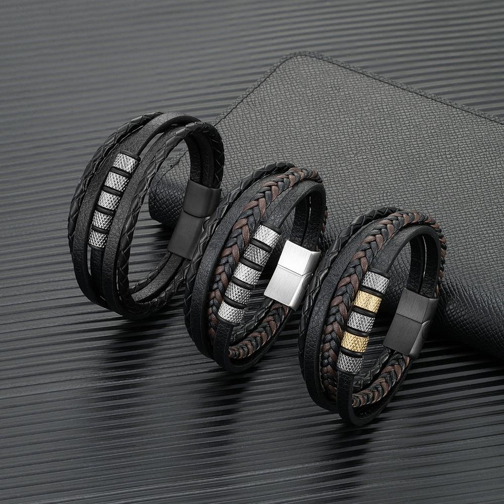 Stainless Steel Beaded Bracelet Punk Men's Classic Multilayer Braided Leather Bracelet Black Buckle Homme Pulseras