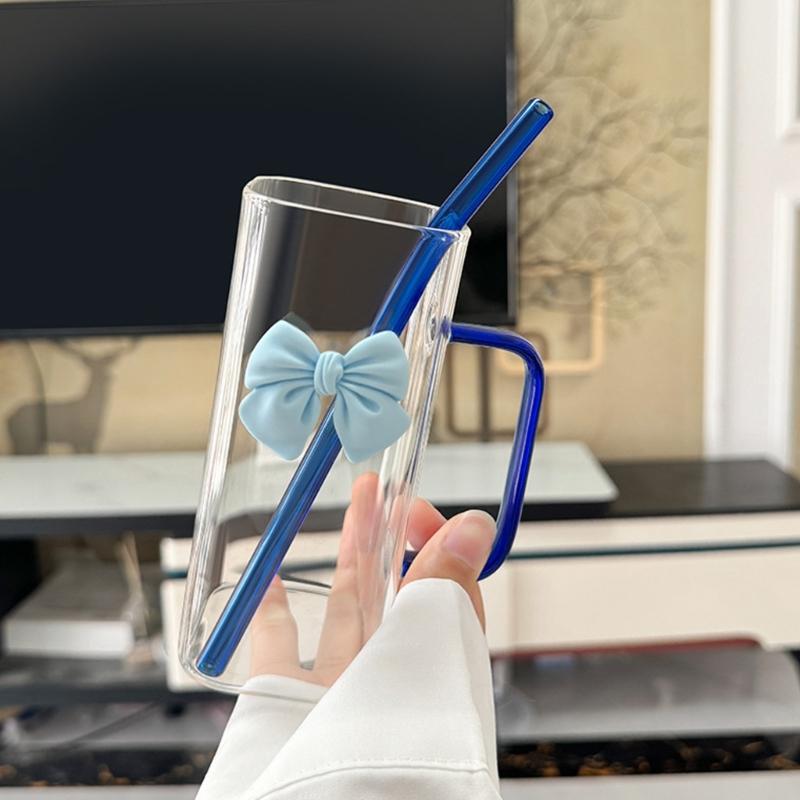 400ml quadratischer Glasbecher mit Strohhalm und Schleifenakzent Hitzebeständiger Wasserbecher für verschiedene Getränke