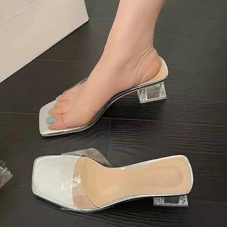 Transparent crystal slippers women's outer wear summer new thick high heel square toe cool slippers women's summer outer wear summer