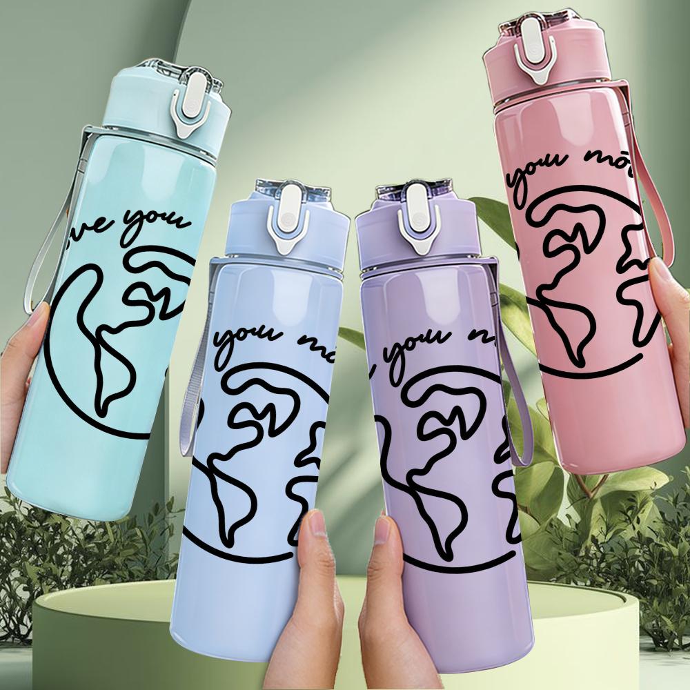 1PC World Globe Love Outline 750ml Color Plastic Sports Water Bottle Leakproof Flip Straw Lid Suitable for Sports Office Home Use
