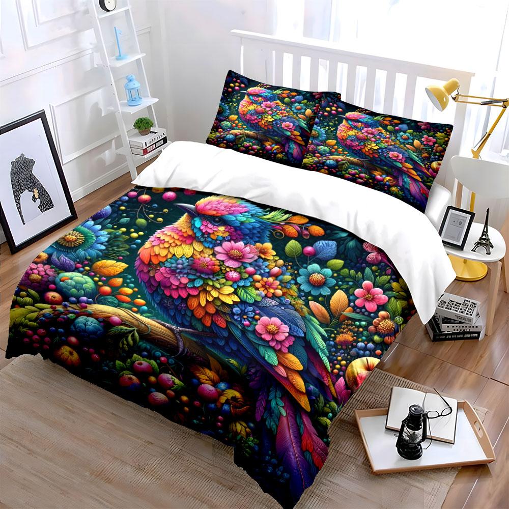 Colorful Floral Bird Art Set Multiple Sizes Kid'S And Adults' Bedroom Exquisite 3Pc Bedding Set, Gift