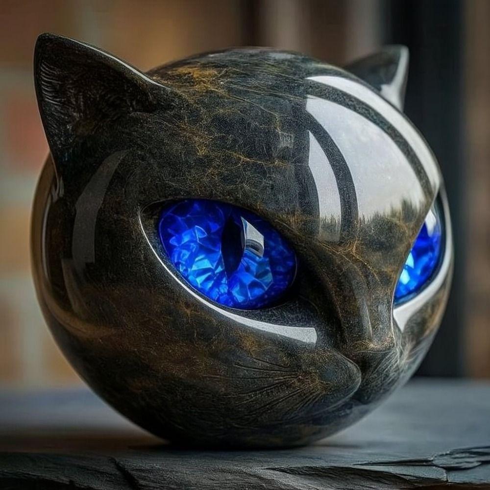 Amber Eyes Black Cat Stone Figurine Resin Hand-Carved Cat Stone  Halloween Decor