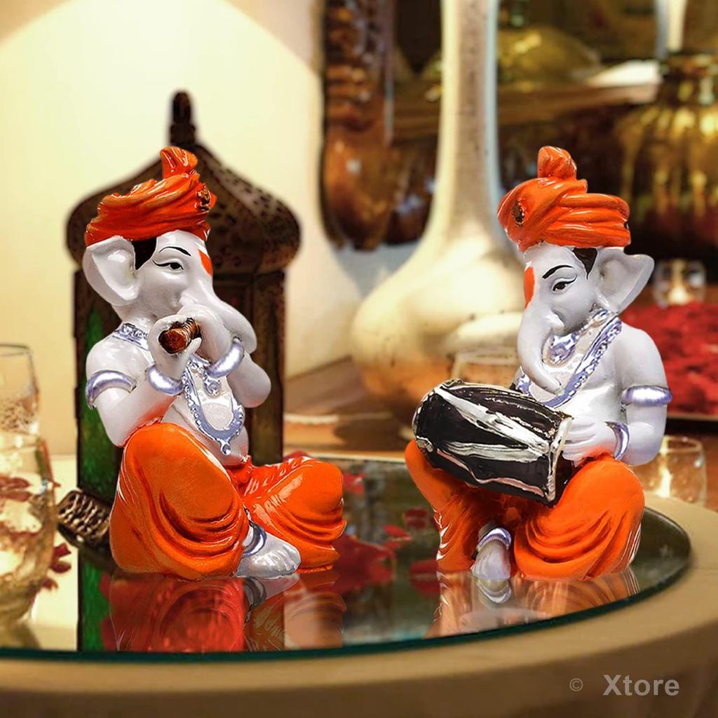 Musical Ganesha Pair for Home Decor | Brings Prosperity - (Orange and White, Pack of 2)(Resin)