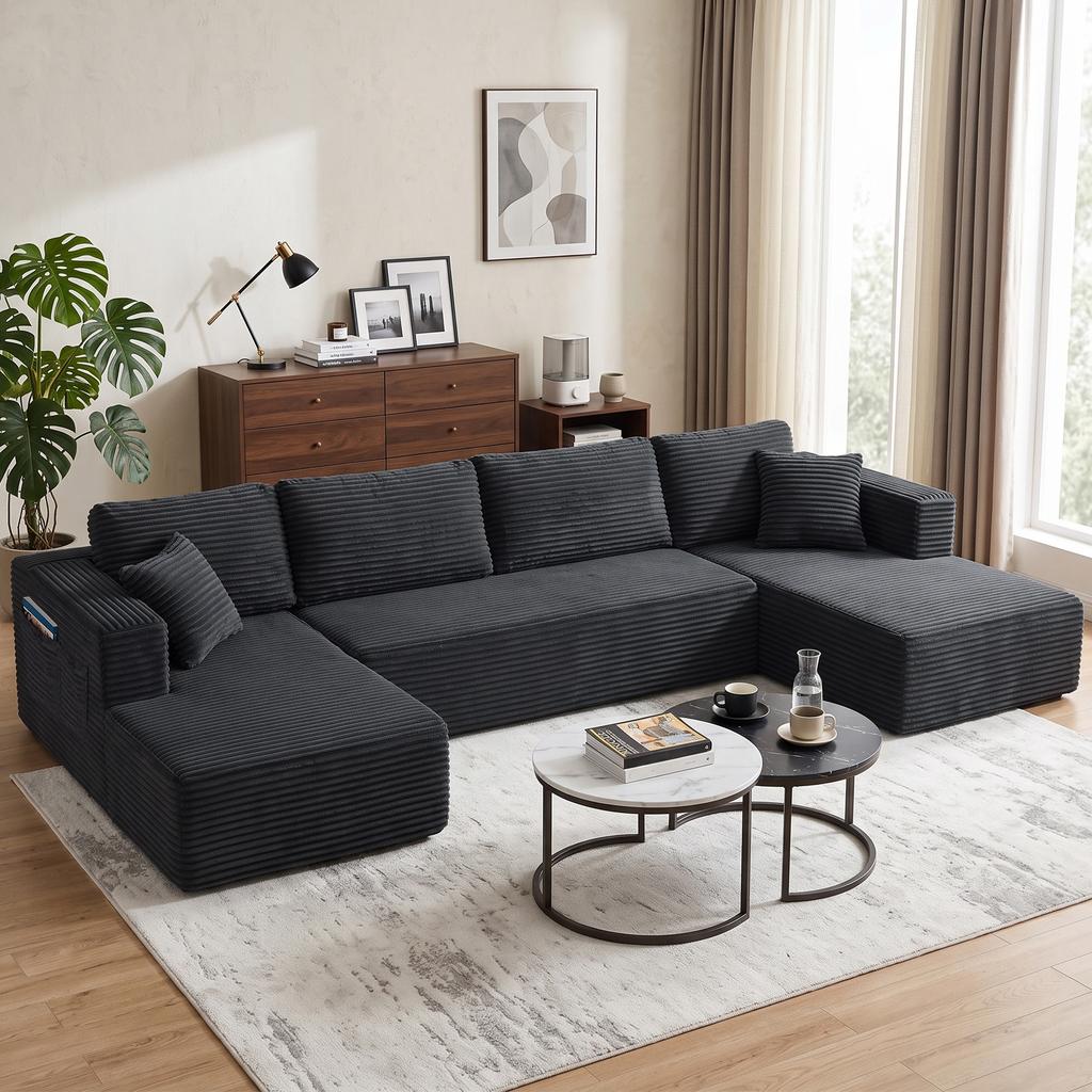 Modular U-Shaped Sofa with 2 Chaise Longues, Corduroy Sofa Bed with High-Density Foam and Spring Cushioning, Dark Grey