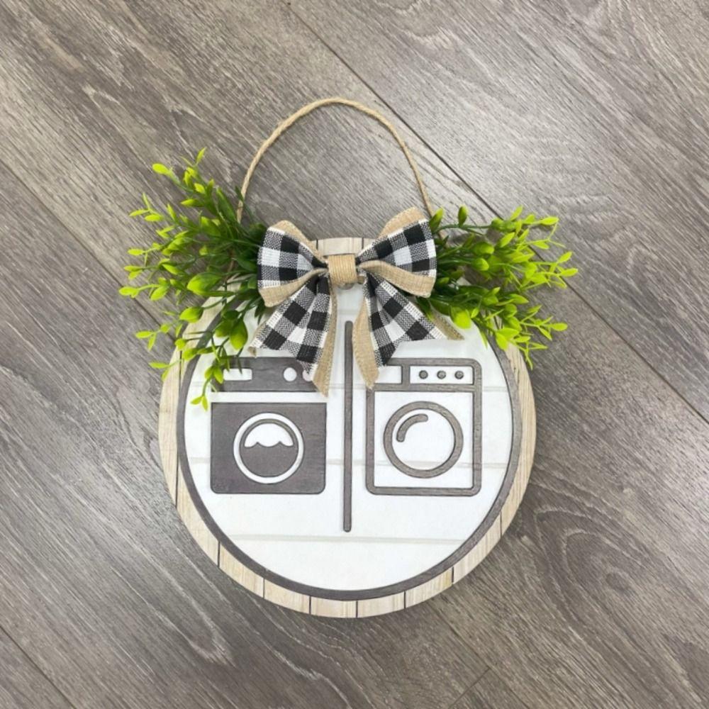 Easy To Install Round Wooden Toilet Sign Rustic Style Decoration Bathroom Sign Bow Knot Density Board Wall Hanging Signs Laundry