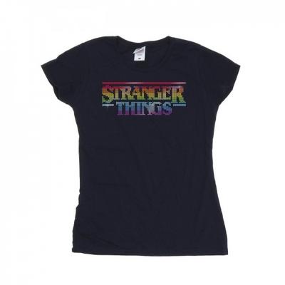Camiseta de Algodão Netflix Feminina/Senhora Stranger Things Logo Ponto Arco-Íris