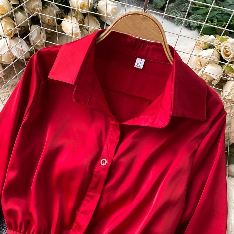 Spring French Design Sense Elegant Shirt Women Aesthetic Elastic Belt Waist Slim Short Blouse Female New Fashion Solid Retro Shirt Joker