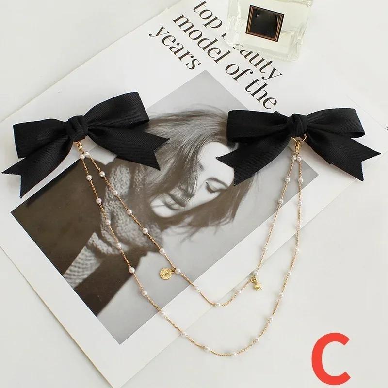 High-quality Bow Pearls Chain Barrettes Hairpins for Women Rhinestone Spring Hair Clips Ribbon Headband Ponytail Hair Accessory
