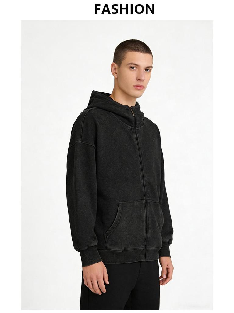 European Style 350g Cotton Hooded Distressed Zip-Up Cardigan - Unisex Trendy Jacket