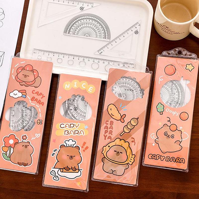 1Set Cartoon Cute Capybara Ruler Set Angle Ruler Protractor Triangle Ruler Multifunctional Measuring Tools School Supplies