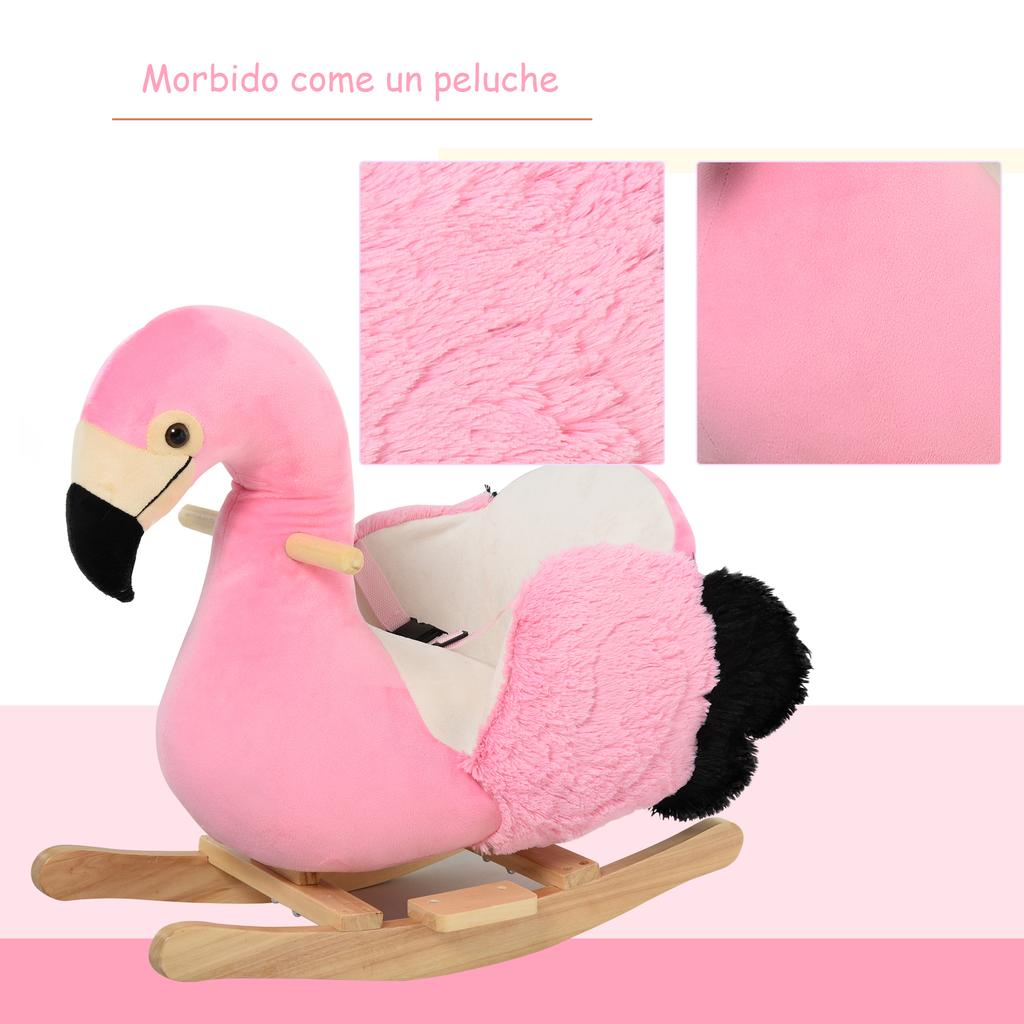 Schaukelpferd für Kinder, Schaukelflamingo für Kinder ab 18 Monaten aus Holz mit Sicherheitsgurten, Rosa