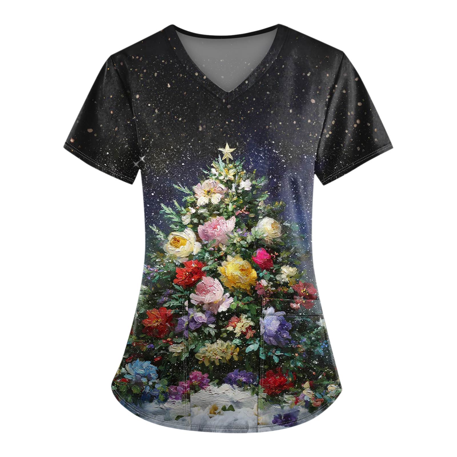 

Женская модная футболка с V-образным вырезом, карманом, коротким рукавом и принтом рождественской елки для сиделки M