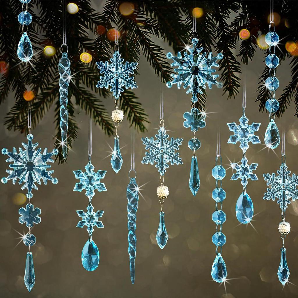 18-Piece Christmas Tree Decoration Set: Crystal Snowflakes & Icicle Ornaments