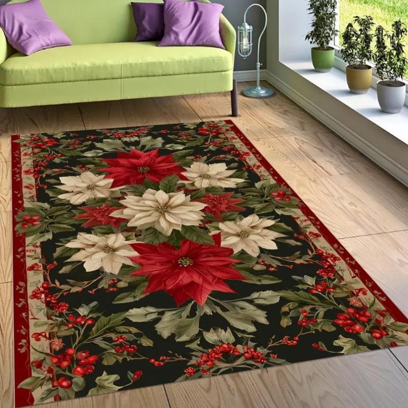 Christmas Poinsettia Rug,red Cream Floral Holiday Rug,christmas Rug,vintage Festive Decor Rug,winter Living Room Rug,xmas Rug