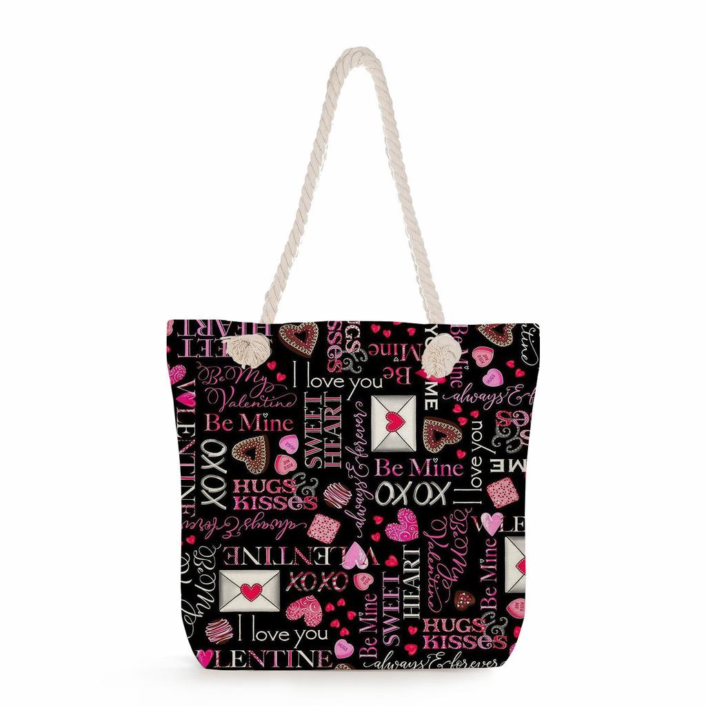 Multifunctional Valentine's Day Printed Thick Rope Shoulder Beach Bag Casual Large Capacity Handbag 0122